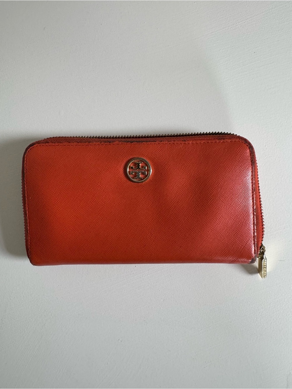 Tory Burch Coral-Orange Zip Wallet with Gold Logo